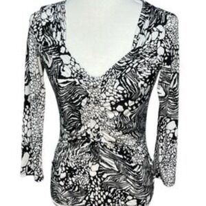 Cache Top Black White Stretch Drapey Sweetheart Neckline Abstract Pattern M